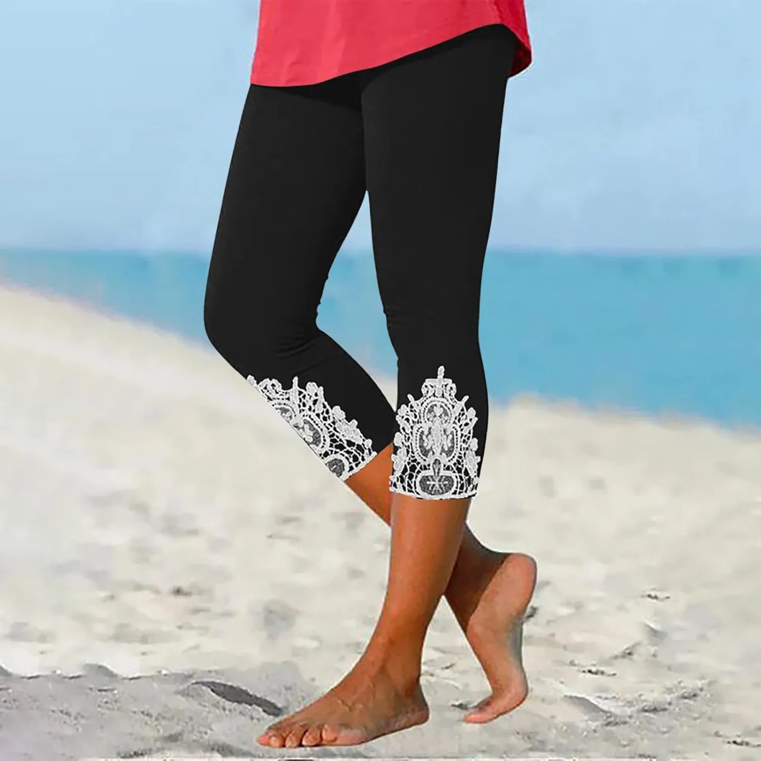 New Leggings for Women Lace Capri Slim Fit Yoga Pants Soft Lace Hem Stretch Crop Tights Comfy Workout Running Pant