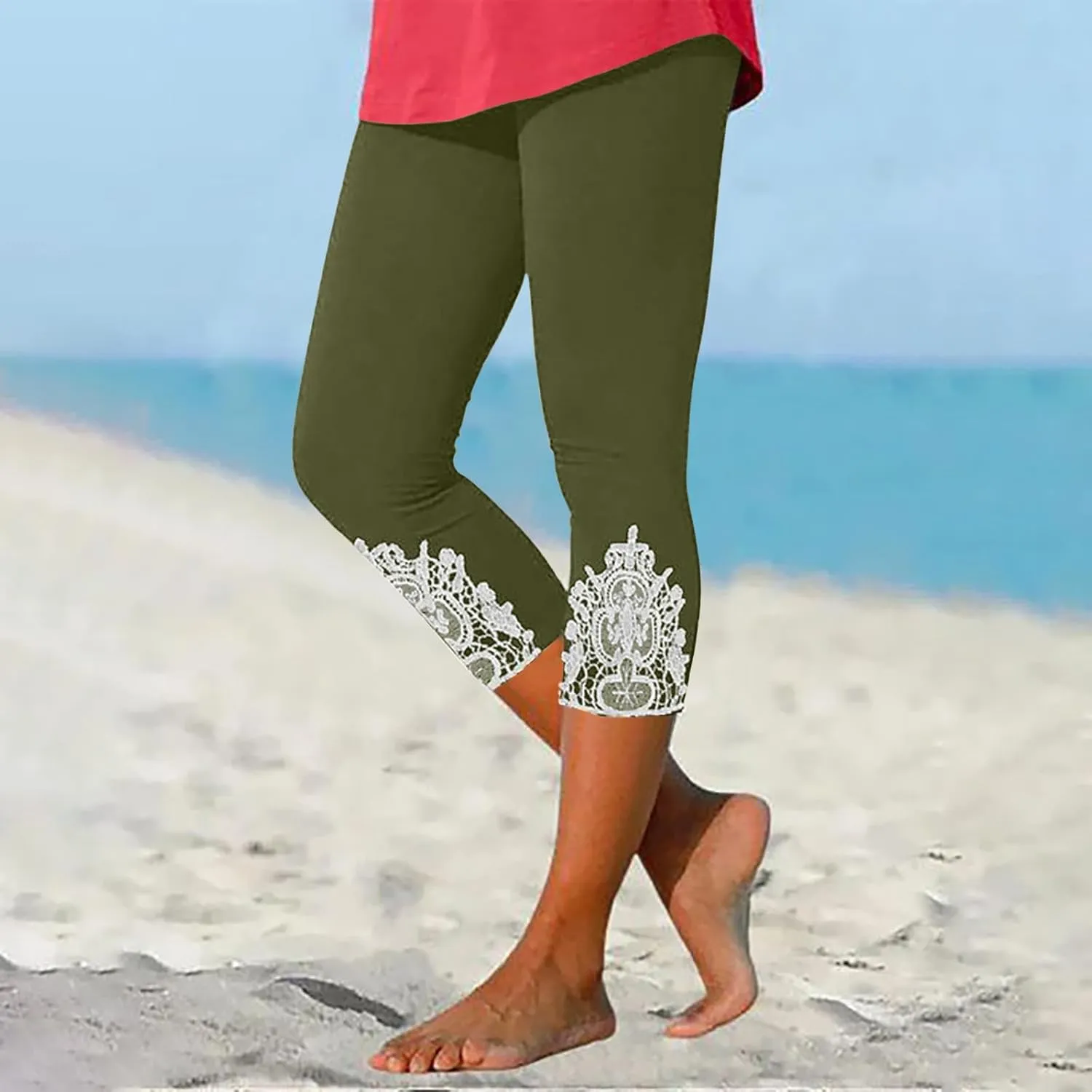 New Leggings for Women Lace Capri Slim Fit Yoga Pants Soft Lace Hem Stretch Crop Tights Comfy Workout Running Pant