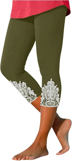 New Leggings for Women Lace Capri Slim Fit Yoga Pants Soft Lace Hem Stretch Crop Tights Comfy Workout Running Pant