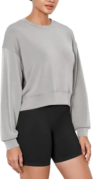 ODODOS Modal Soft Long Sleeve Cropped Sweatshirts for Women Oversized Crew Neck Pullover Crop Top
