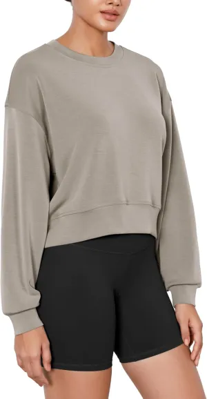 ODODOS Modal Soft Long Sleeve Cropped Sweatshirts for Women Oversized Crew Neck Pullover Crop Top