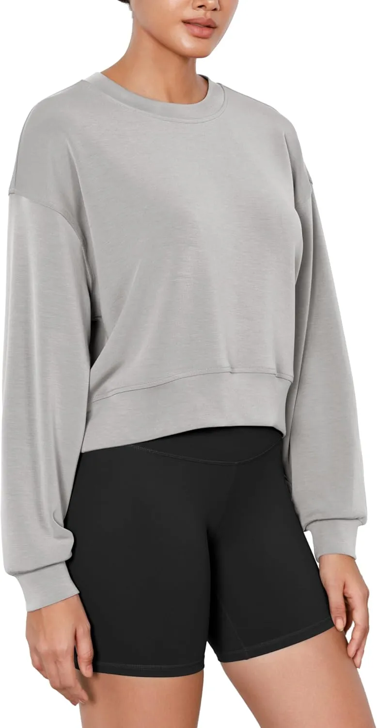 ODODOS Modal Soft Long Sleeve Cropped Sweatshirts for Women Oversized Crew Neck Pullover Crop Top