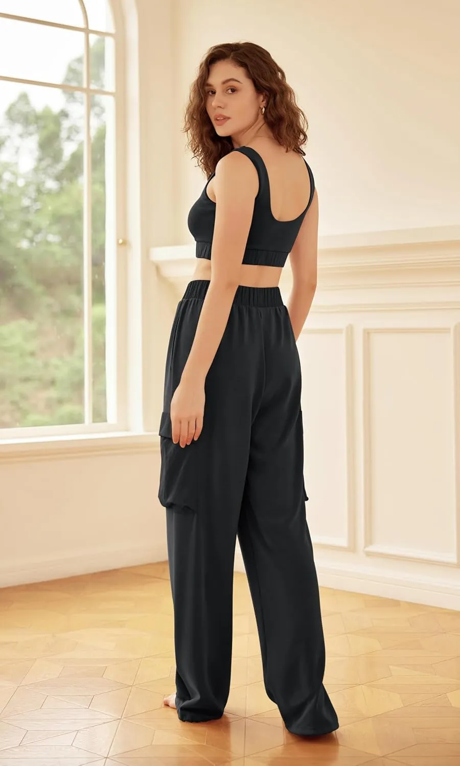 ODODOS Women's Modal Soft Wide Leg Cargo Pants with Pockets Adjustable Shockcord High Waist Loose Jogger Pants