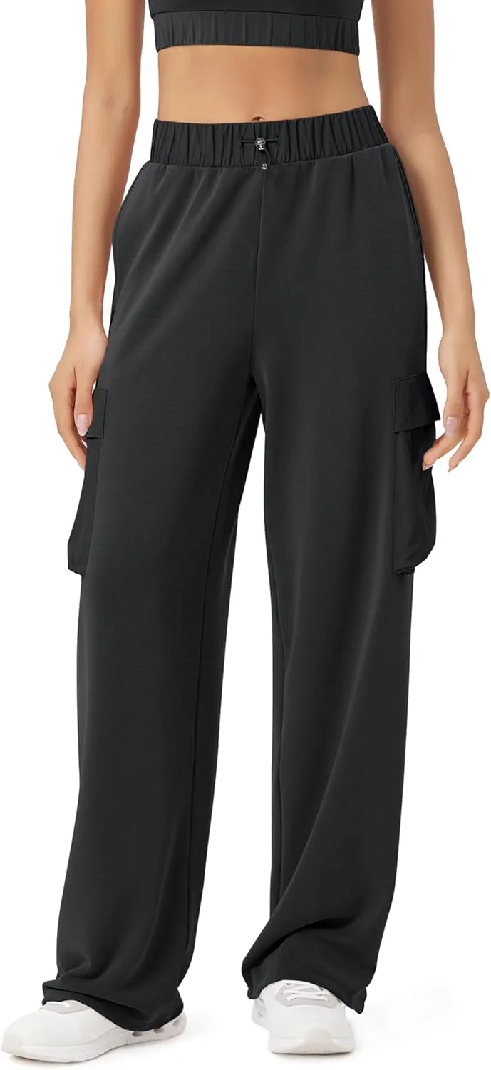 ODODOS Women's Modal Soft Wide Leg Cargo Pants with Pockets Adjustable Shockcord High Waist Loose Jogger Pants