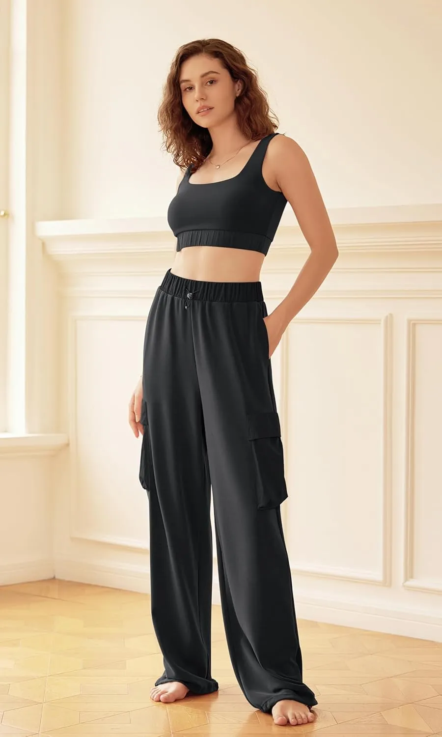 ODODOS Women's Modal Soft Wide Leg Cargo Pants with Pockets Adjustable Shockcord High Waist Loose Jogger Pants