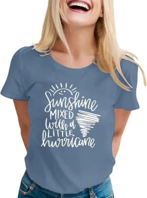 Oversized White Cotton T Shirts for Women Casual Short Sleeve Sunshine Letter Print Graphic Shirts Crew Neck Clothes