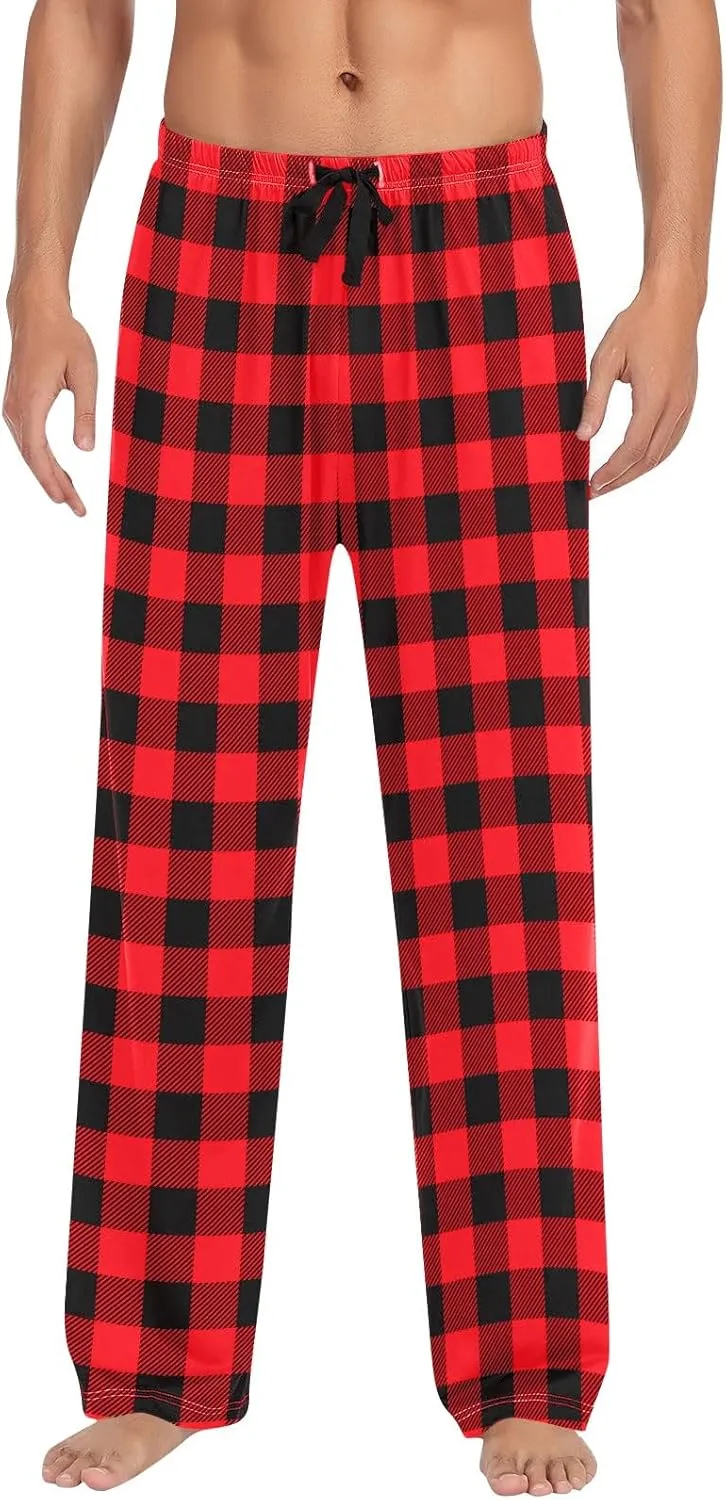 Pajama Pants for Men Buffalo Plaid Soft Lounge Bottoms Casual Stretch Wide Leg Pants Baggy Lightweight Comfy Sleepwear