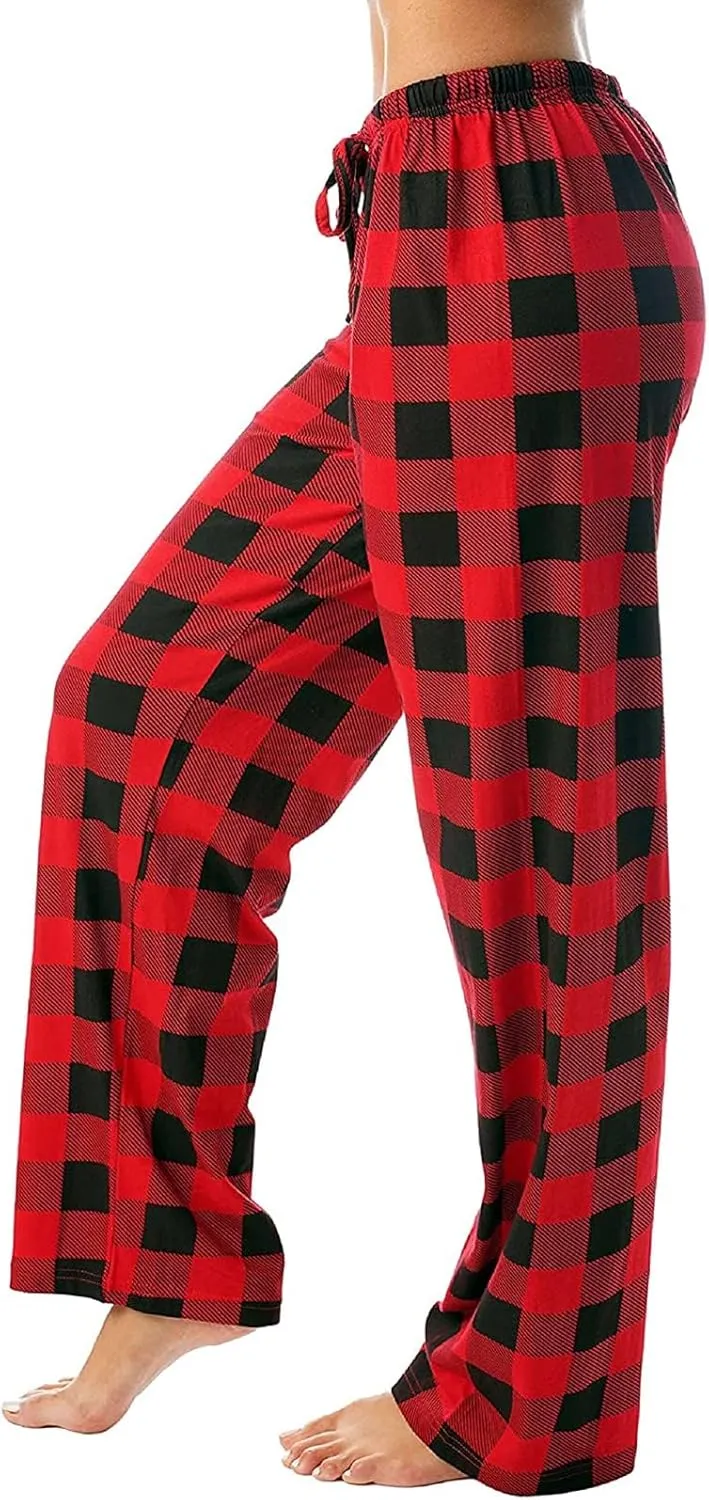 Plaid Pajama Pants Women Stretch Comfy Lounge Pants Drawstring Lounge Striped Pajama Bottoms with Pockets