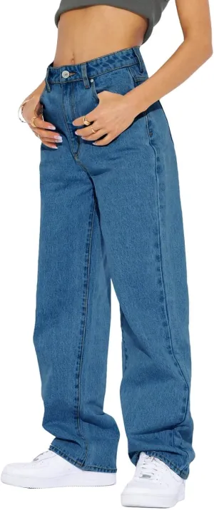 PLNOTME Women's High Waisted Boyfriend Baggy Jeans Straight Leg Casual Denim Pants