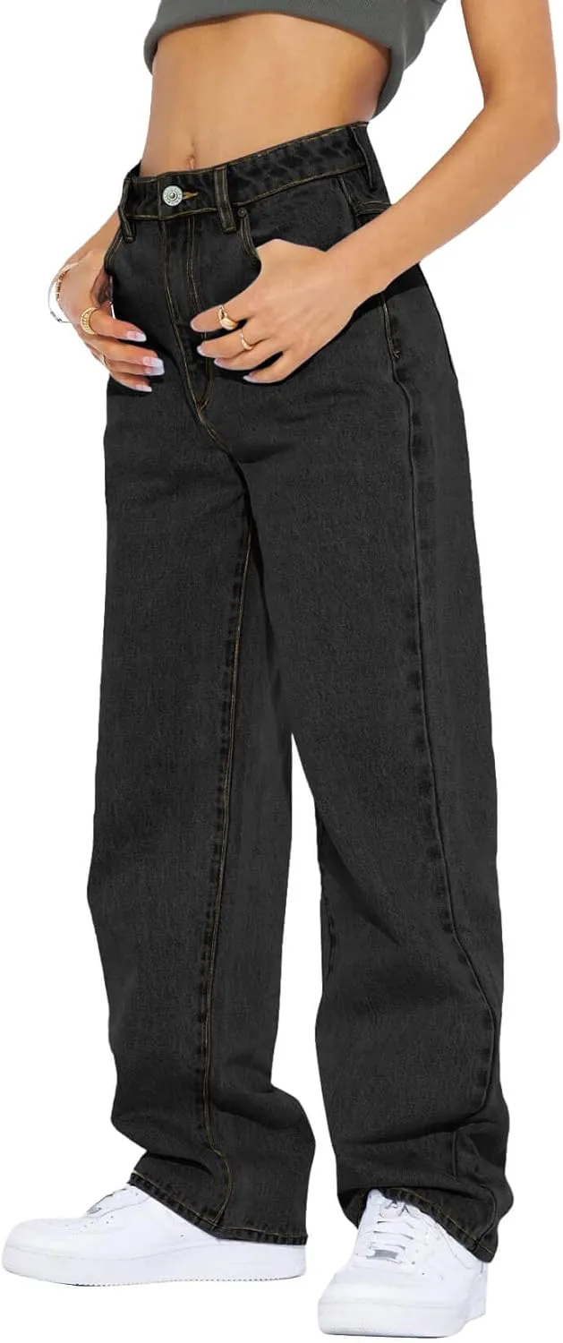 PLNOTME Women's High Waisted Boyfriend Baggy Jeans Straight Leg Casual Denim Pants