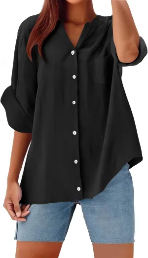 Plus Size Linen Tops Women Loose Fit Summer Casual Womens Pleated Shirts 3/4 Length Sleeve Tshirts Dressy Blouses