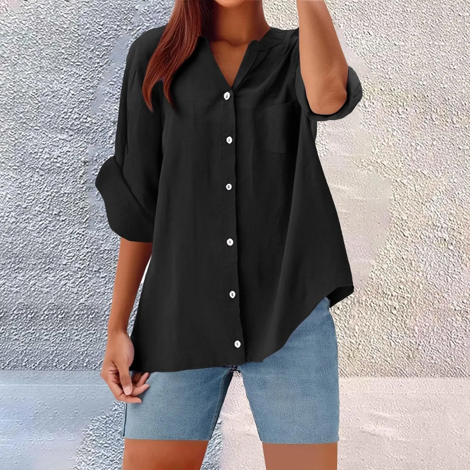Plus Size Linen Tops Women Loose Fit Summer Casual Womens Pleated Shirts 3/4 Length Sleeve Tshirts Dressy Blouses