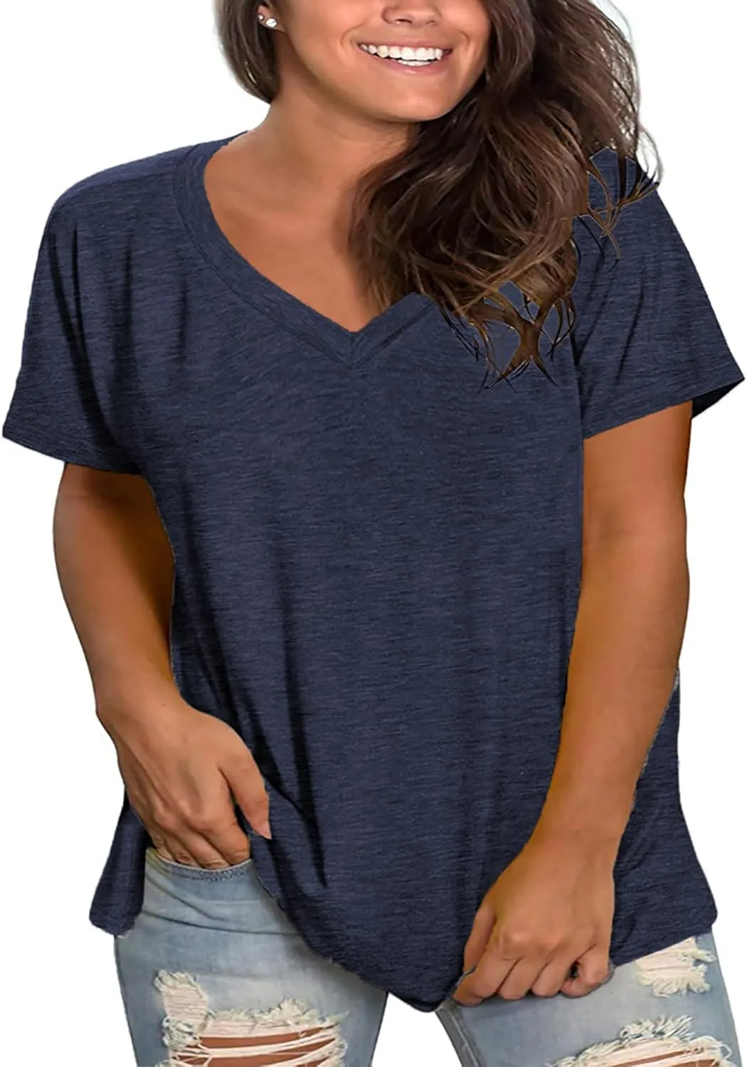 Plus Size V Neck T Shirts Women Short Sleeve Tops Casual Summer Tshirts Loose Fit Tee