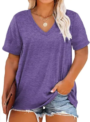 Plus Size V Neck T Shirts Women Short Sleeve Tops Casual Summer Tshirts Loose Fit Tee