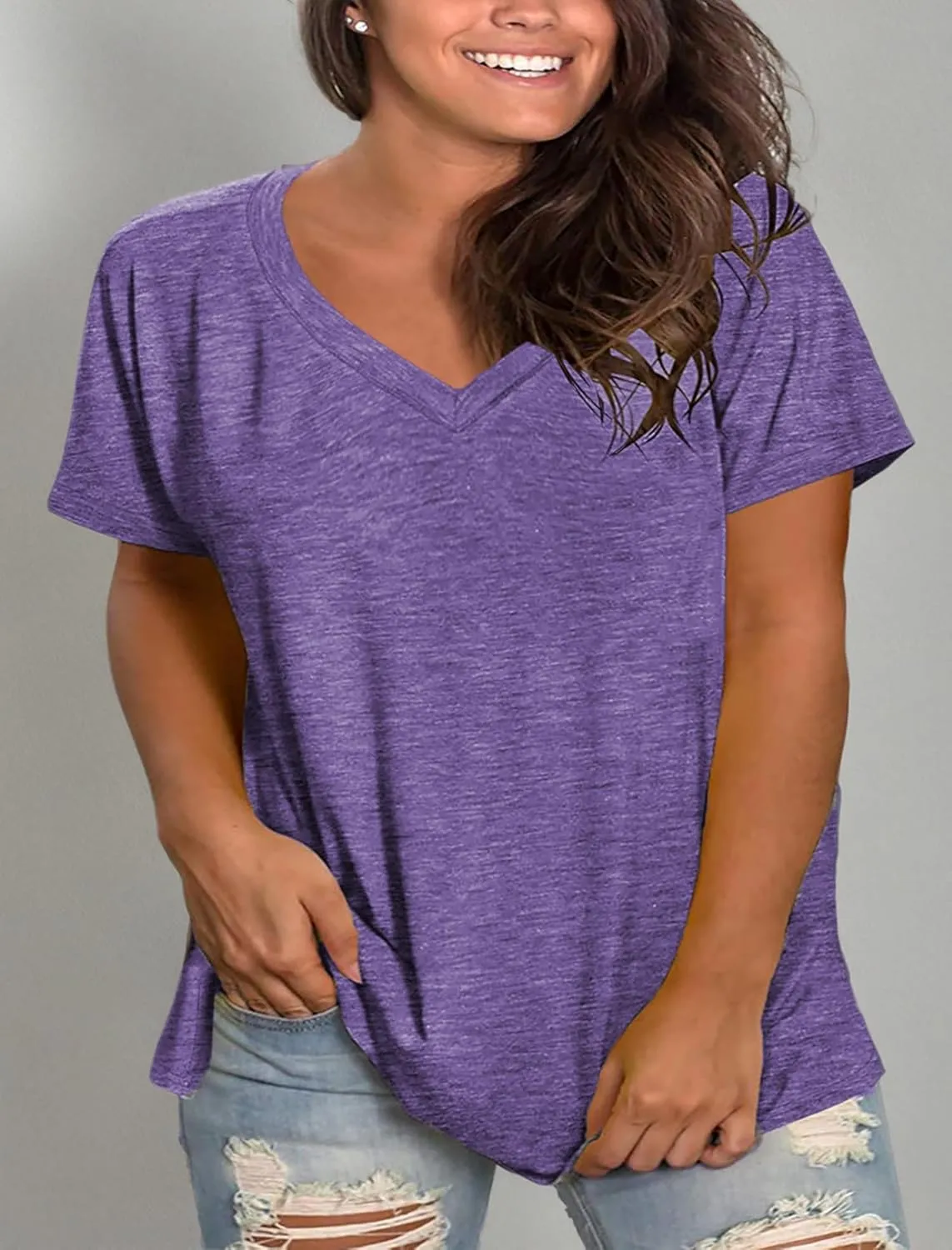 Plus Size V Neck T Shirts Women Short Sleeve Tops Casual Summer Tshirts Loose Fit Tee