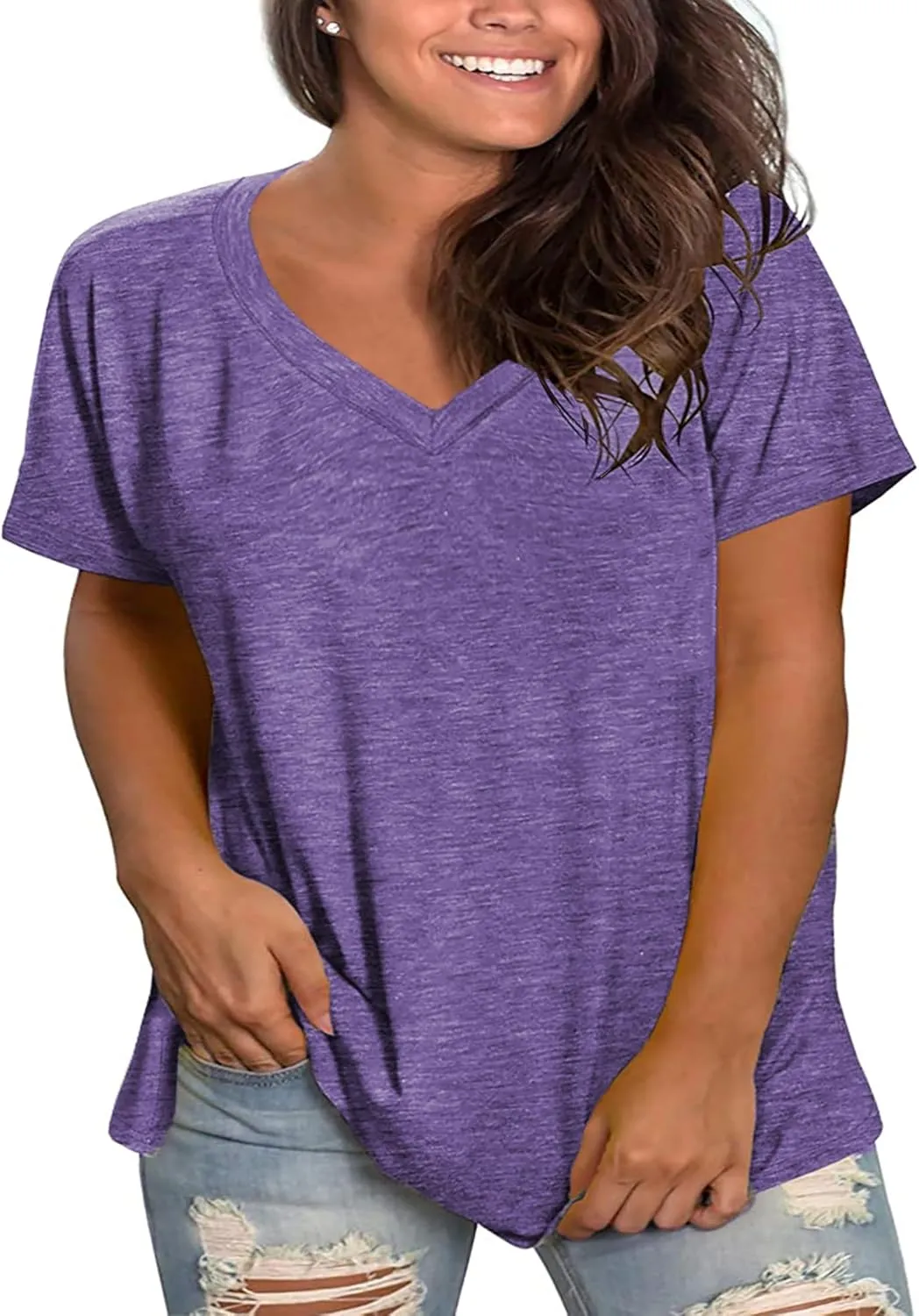 Plus Size V Neck T Shirts Women Short Sleeve Tops Casual Summer Tshirts Loose Fit Tee