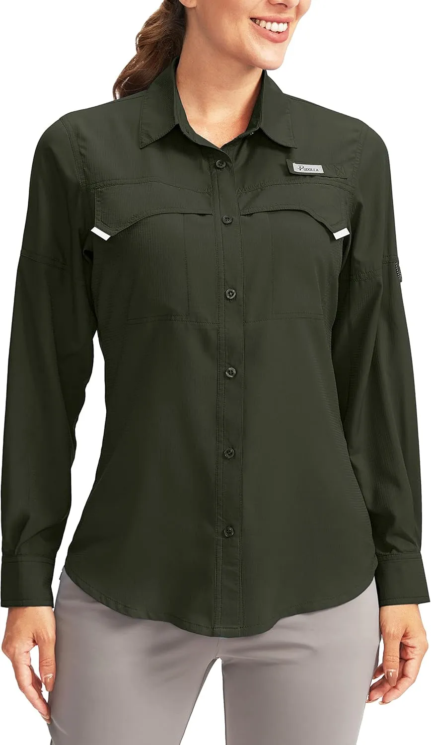 Pudolla Women's UPF 50  UV Sun Protection Shirts Long Sleeve Fishing Hiking Shirt Cool Lightweight Travel Safari Shirts