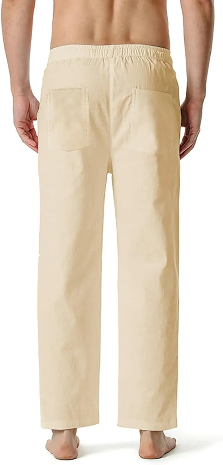 QWENTMTNTY Linen Pants Men Casual Loose Fit Elastic Waist Drawstring Pants Straight Leg Yoga Beach Lightweight Trousers