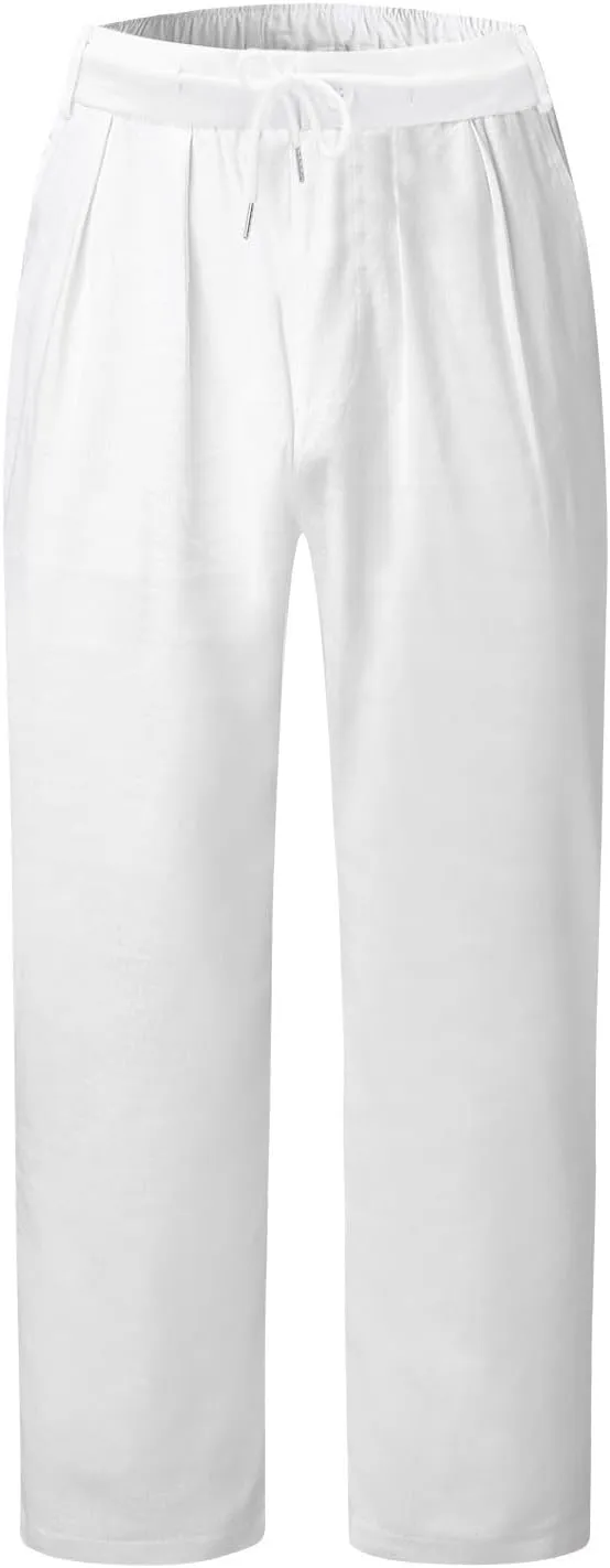 QWENTMTNTY Linen Pants Men Casual Loose Fit Elastic Waist Drawstring Pants Straight Leg Yoga Beach Lightweight Trousers