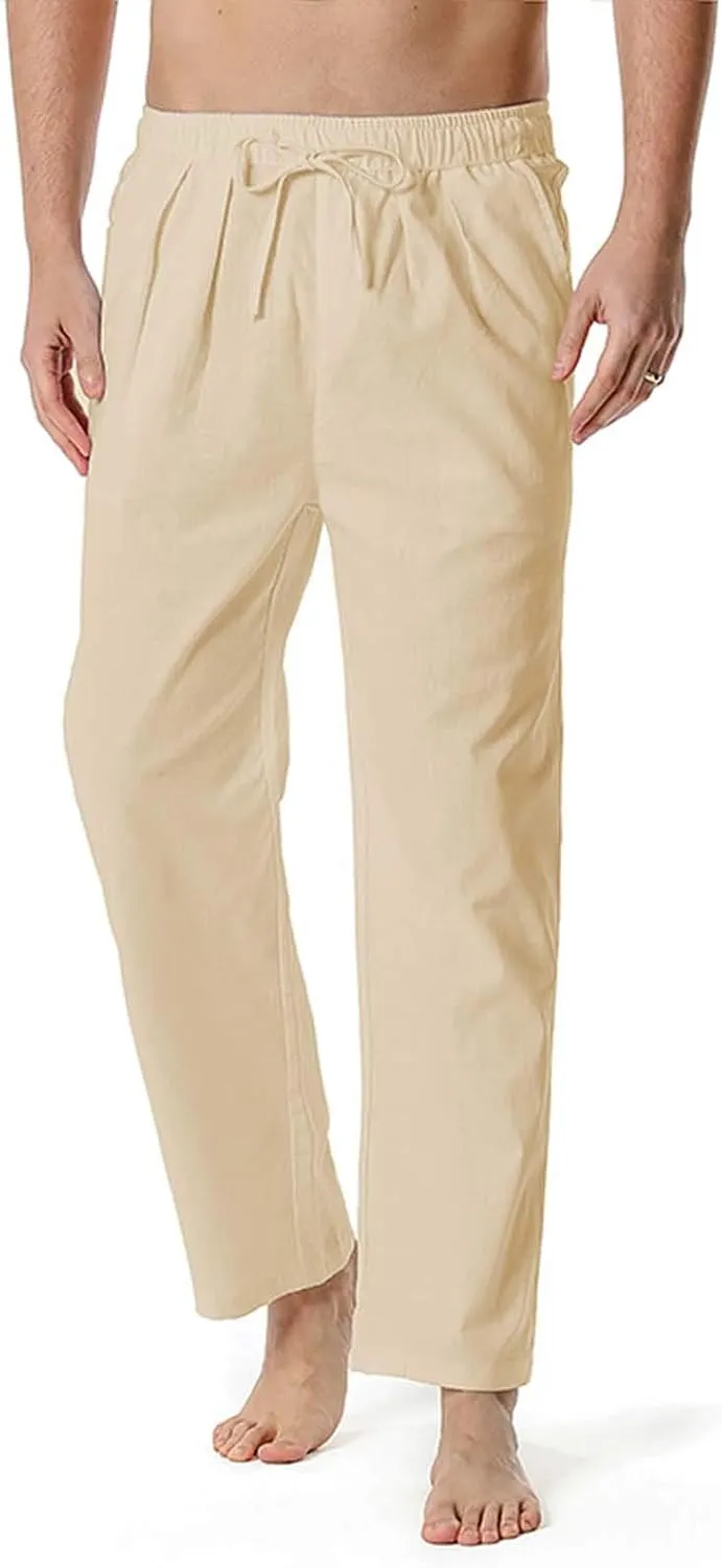 QWENTMTNTY Linen Pants Men Casual Loose Fit Elastic Waist Drawstring Pants Straight Leg Yoga Beach Lightweight Trousers