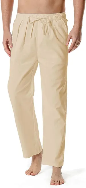 QWENTMTNTY Linen Pants Men Casual Loose Fit Elastic Waist Drawstring Pants Straight Leg Yoga Beach Lightweight Trousers