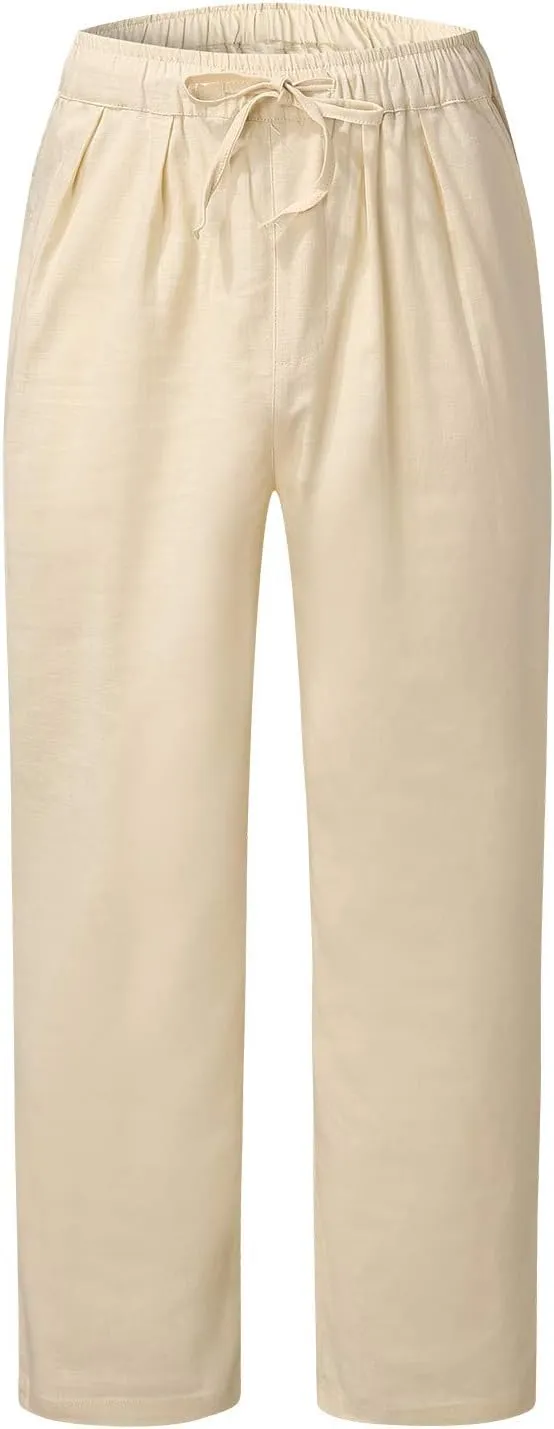 QWENTMTNTY Linen Pants Men Casual Loose Fit Elastic Waist Drawstring Pants Straight Leg Yoga Beach Lightweight Trousers