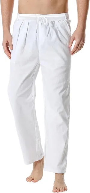 QWENTMTNTY Linen Pants Men Casual Loose Fit Elastic Waist Drawstring Pants Straight Leg Yoga Beach Lightweight Trousers