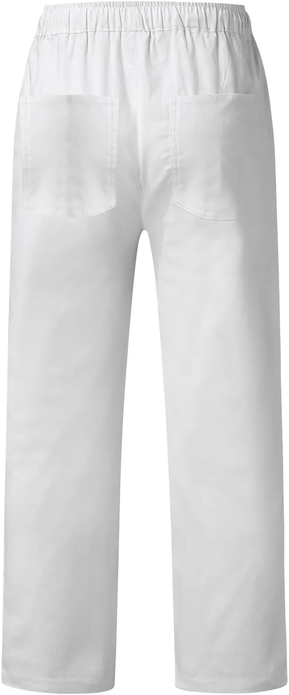 QWENTMTNTY Linen Pants Men Casual Loose Fit Elastic Waist Drawstring Pants Straight Leg Yoga Beach Lightweight Trousers