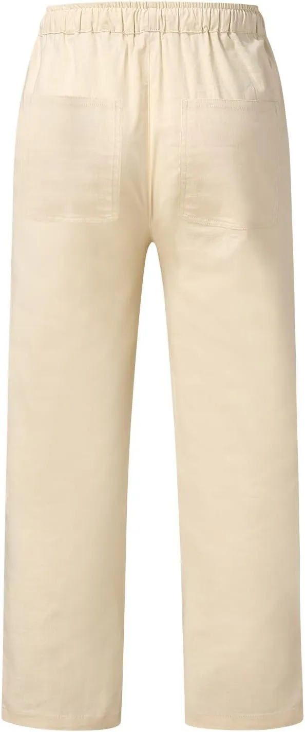 QWENTMTNTY Linen Pants Men Casual Loose Fit Elastic Waist Drawstring Pants Straight Leg Yoga Beach Lightweight Trousers