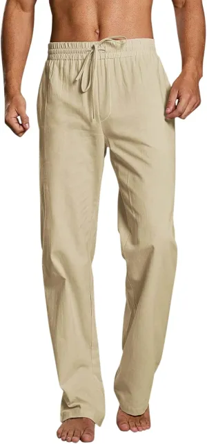 QWENTMTNTY Mens Casual Linen Pants Loose Fit Straight Leg Elastic Waist Trousers Lightweight Comfort Beach Yoga Summer Pants
