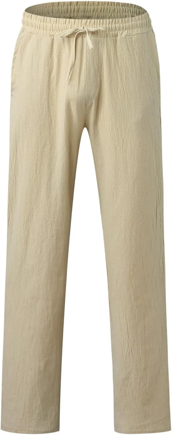 QWENTMTNTY Mens Casual Linen Pants Loose Fit Straight Leg Elastic Waist Trousers Lightweight Comfort Beach Yoga Summer Pants