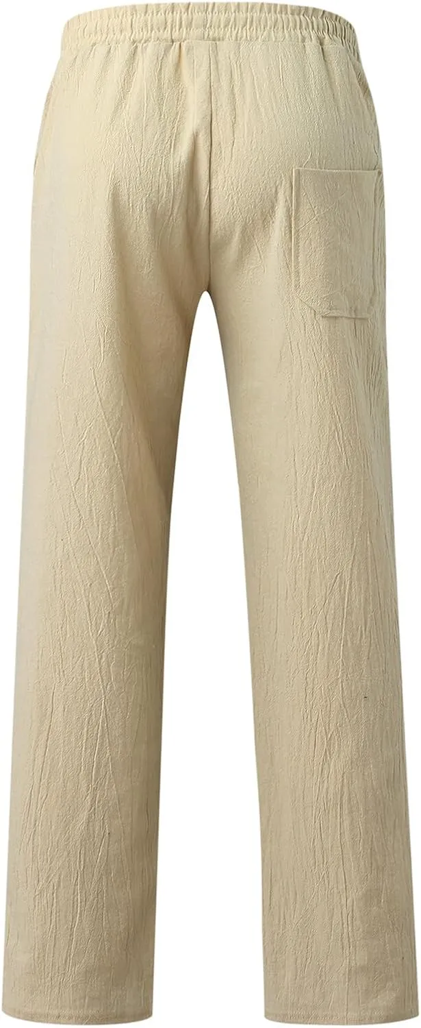 QWENTMTNTY Mens Casual Linen Pants Loose Fit Straight Leg Elastic Waist Trousers Lightweight Comfort Beach Yoga Summer Pants
