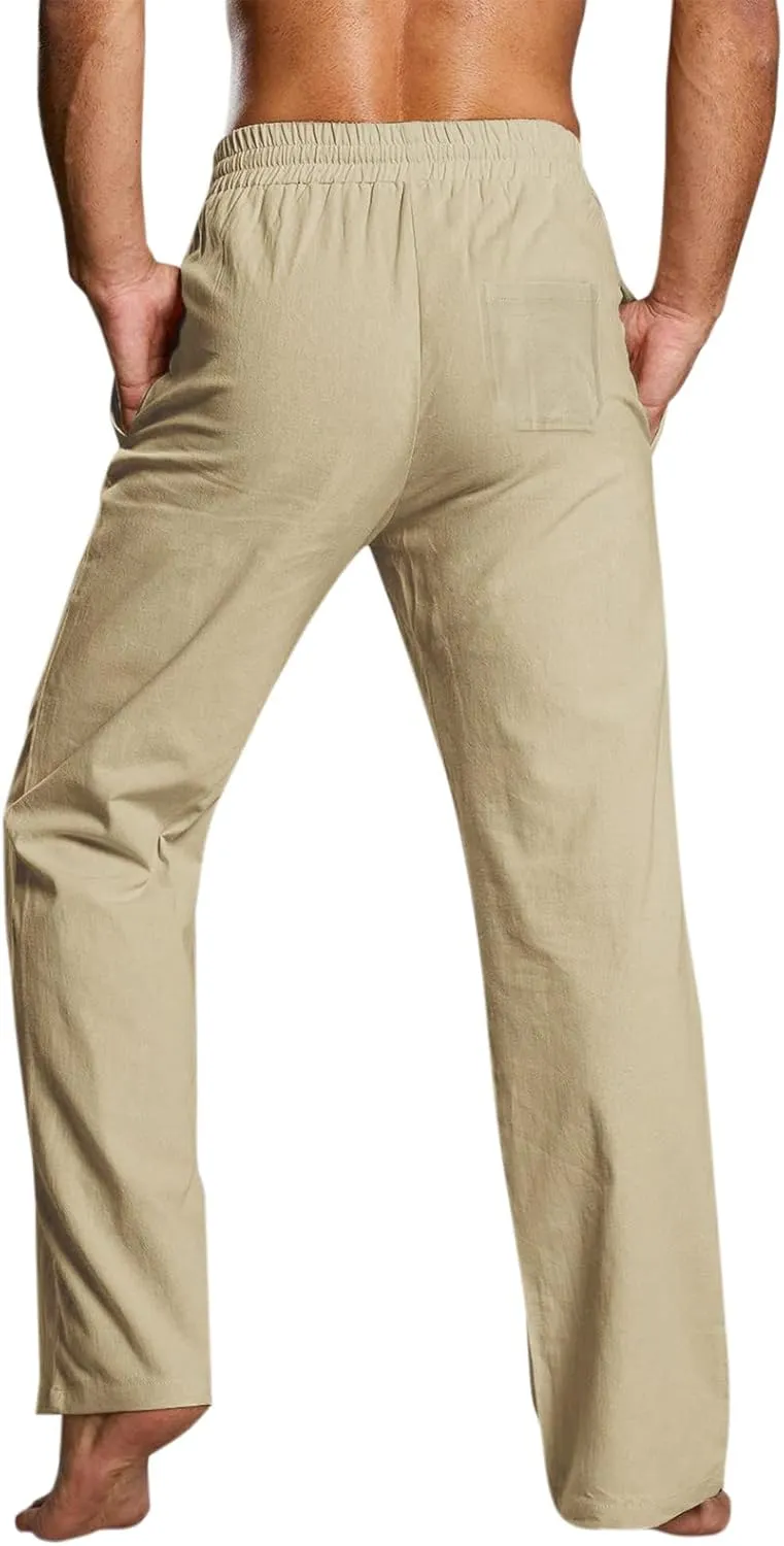 QWENTMTNTY Mens Casual Linen Pants Loose Fit Straight Leg Elastic Waist Trousers Lightweight Comfort Beach Yoga Summer Pants