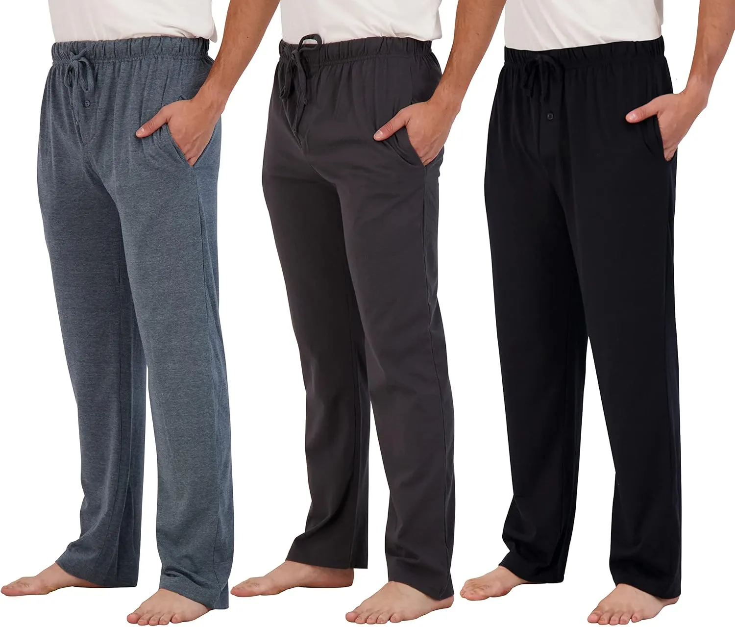 Real Essentials 3 Pack: Men's Pajama Pants - Knit Cotton Flannel Plaid Lounge Bottoms (Available In Big & Tall)