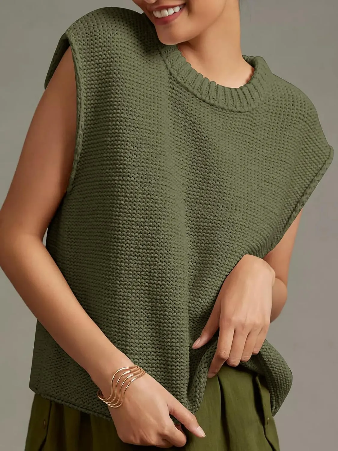 Saodimallsu Womens Sleeveless Crewneck Sweaters Ribbed Knit Tank Tops 2025 Trendy Sweater Vest