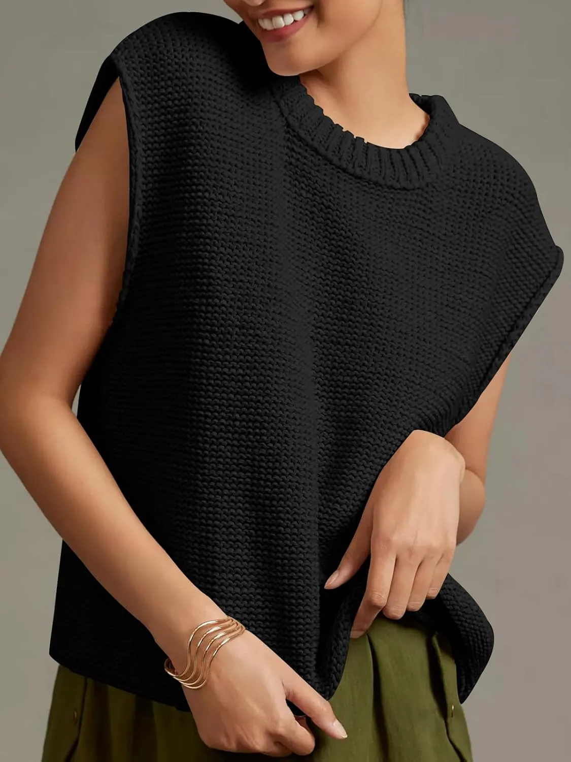 Saodimallsu Womens Sleeveless Crewneck Sweaters Ribbed Knit Tank Tops 2025 Trendy Sweater Vest