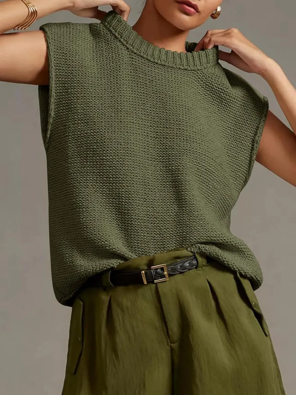 Saodimallsu Womens Sleeveless Crewneck Sweaters Ribbed Knit Tank Tops 2025 Trendy Sweater Vest