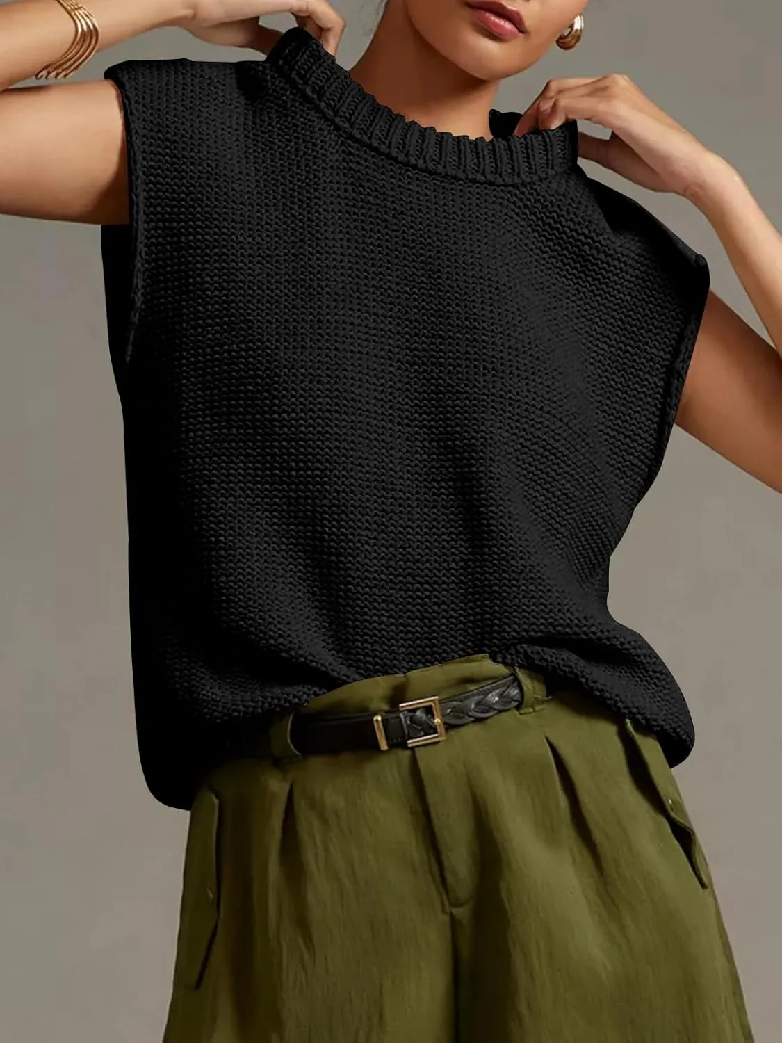 Saodimallsu Womens Sleeveless Crewneck Sweaters Ribbed Knit Tank Tops 2025 Trendy Sweater Vest