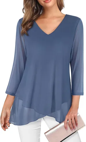 SeSe Code Womens Dressy 3/4 Sleeve Tunic Tops Asymmetric Hem Blouses Lightweight Mesh Shirt