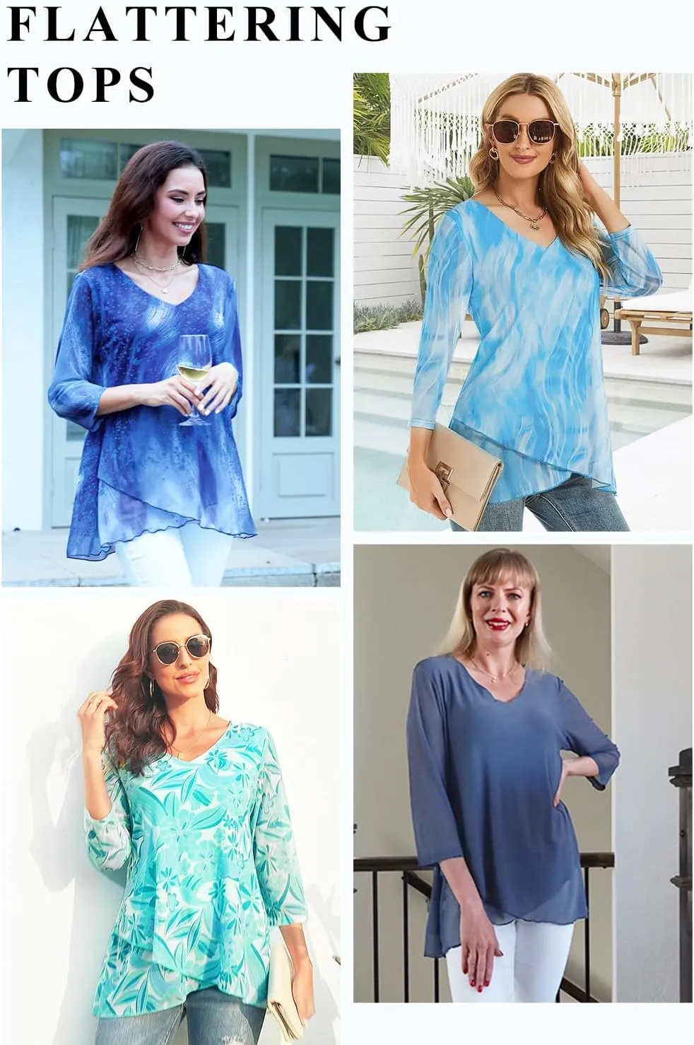 SeSe Code Womens Dressy 3/4 Sleeve Tunic Tops Asymmetric Hem Blouses Lightweight Mesh Shirt