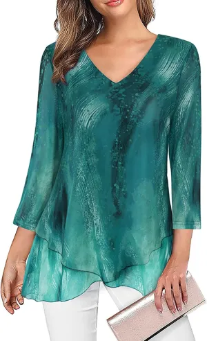 SeSe Code Womens Dressy 3/4 Sleeve Tunic Tops Asymmetric Hem Blouses Lightweight Mesh Shirt