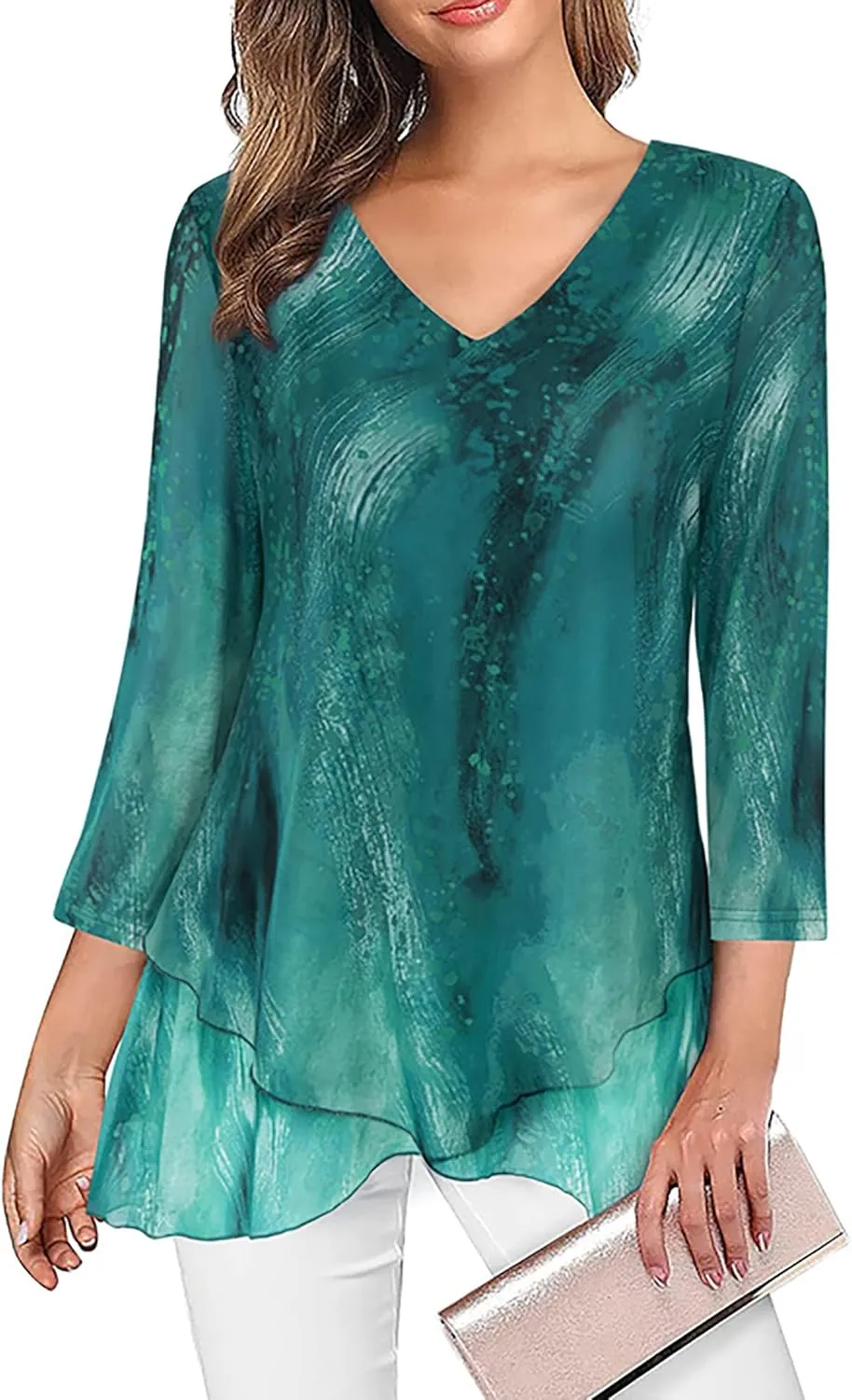 SeSe Code Womens Dressy 3/4 Sleeve Tunic Tops Asymmetric Hem Blouses Lightweight Mesh Shirt