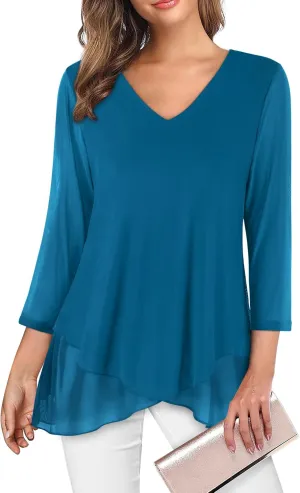 SeSe Code Womens Dressy 3/4 Sleeve Tunic Tops Asymmetric Hem Blouses Lightweight Mesh Shirt