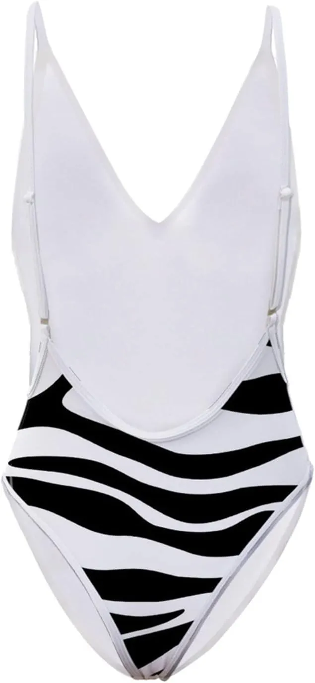 Sexy One Piece Swimsuits for Women Plunge Deep V Neck Backless Bathing Suits Print Halter Tummy Control Swimwear