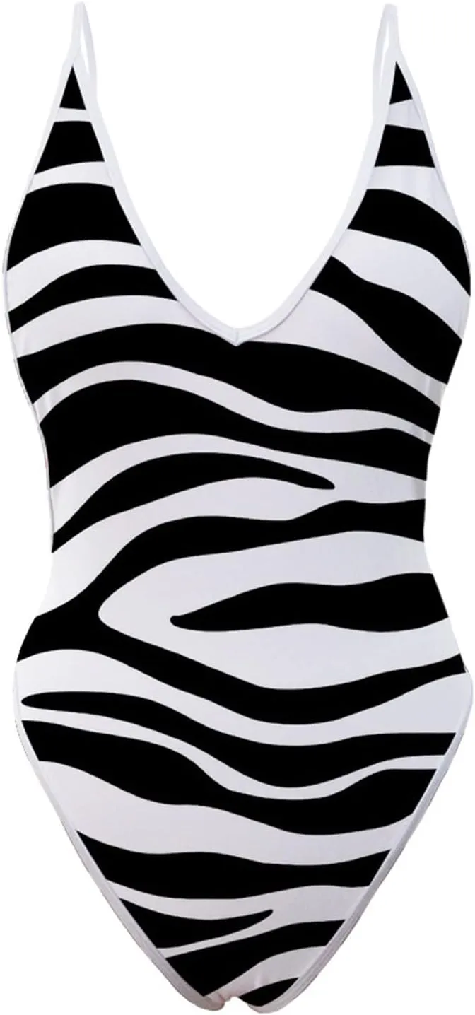 Sexy One Piece Swimsuits for Women Plunge Deep V Neck Backless Bathing Suits Print Halter Tummy Control Swimwear