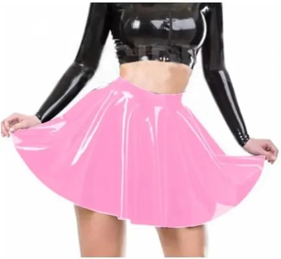 Shiny PVC Leather A-line Pleated Skirt Ladies High Waist Short Mini Skirt Dancing Party Wear Wet Look Clubwear
