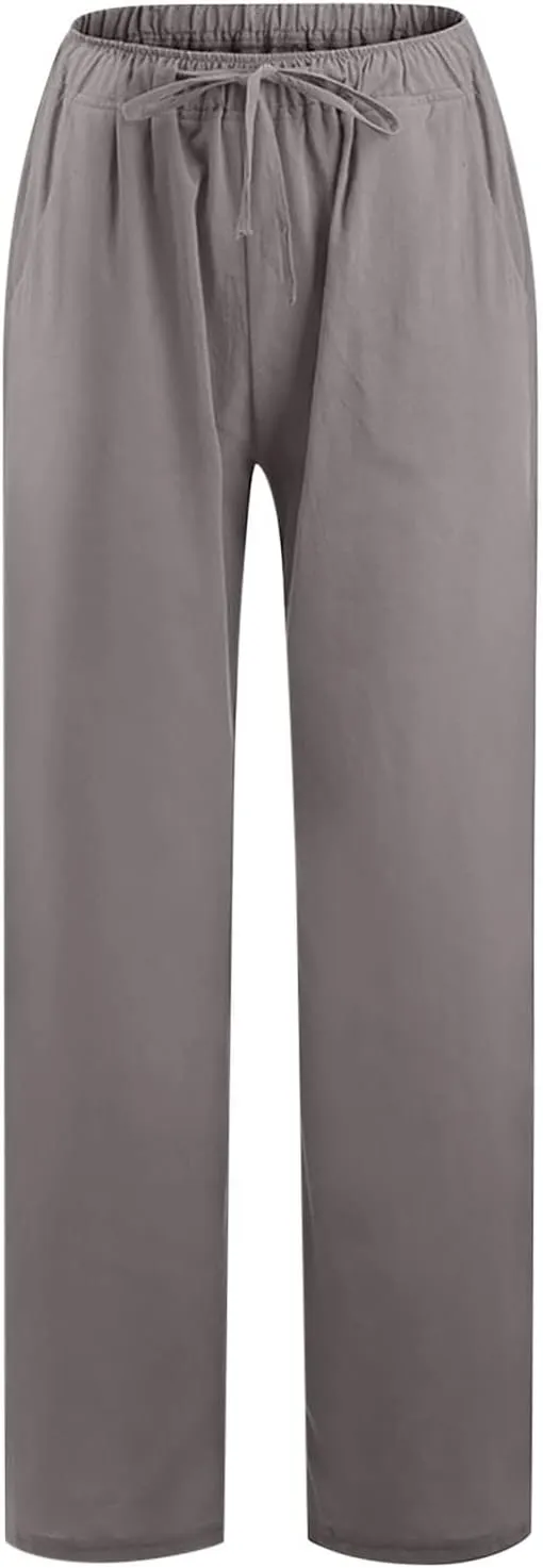 SHOPESSA Linen Wide Leg Pants Women Summer Palazzo Pants High Waisted Drawstring Lightweight Breathable Travel Casual Trouser