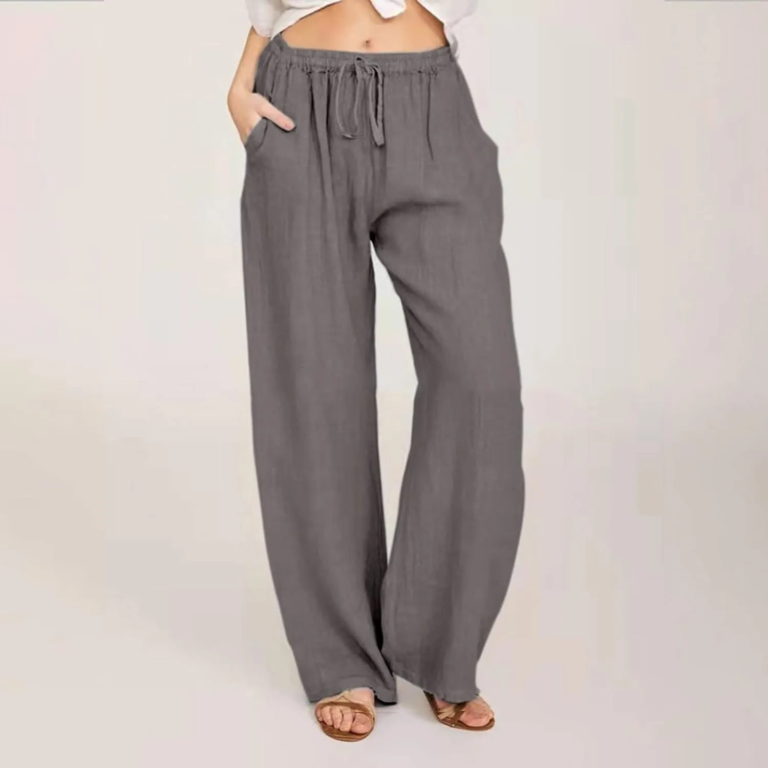 SHOPESSA Linen Wide Leg Pants Women Summer Palazzo Pants High Waisted Drawstring Lightweight Breathable Travel Casual Trouser