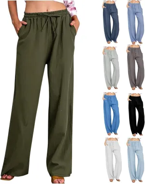 SHOPESSA Linen Wide Leg Pants Women Summer Palazzo Pants High Waisted Drawstring Lightweight Breathable Travel Casual Trouser