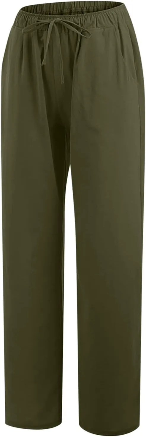 SHOPESSA Linen Wide Leg Pants Women Summer Palazzo Pants High Waisted Drawstring Lightweight Breathable Travel Casual Trouser